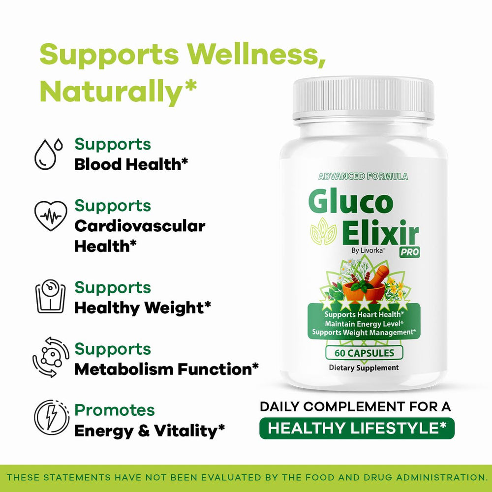 LIVORKA GlucoElixir Pro bottle front with label emphasizing natural ingredients