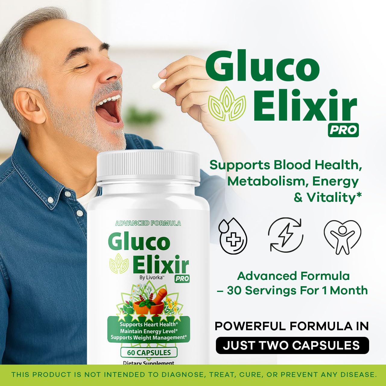 LIVORKA GlucoElixir Pro capsules closeup, natural ingredients
