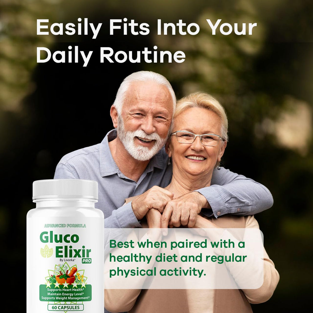 LIVORKA GlucoElixir Pro capsules beside a glass of water for daily use