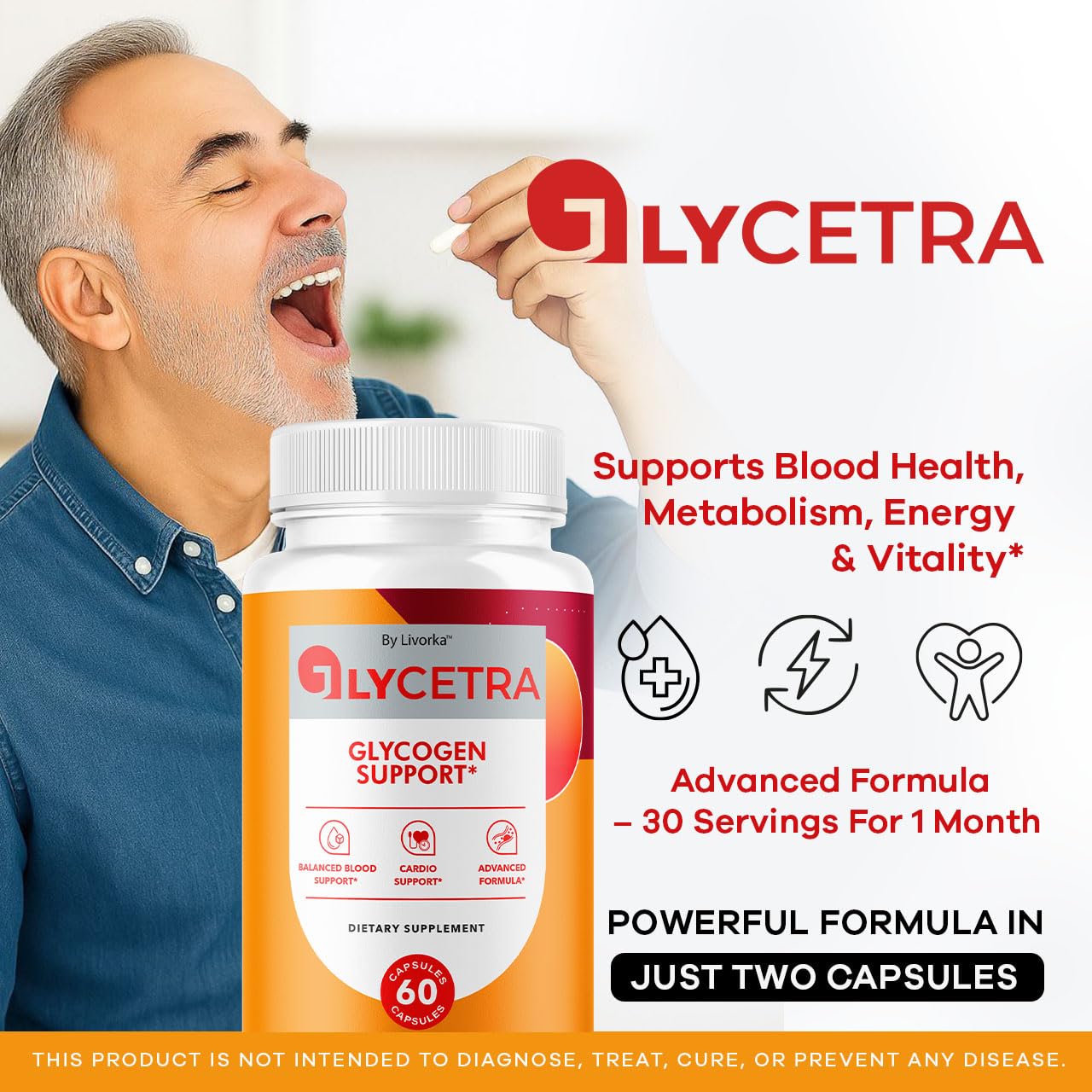 Glycetra capsules close-up, easy-to-take daily supplement.