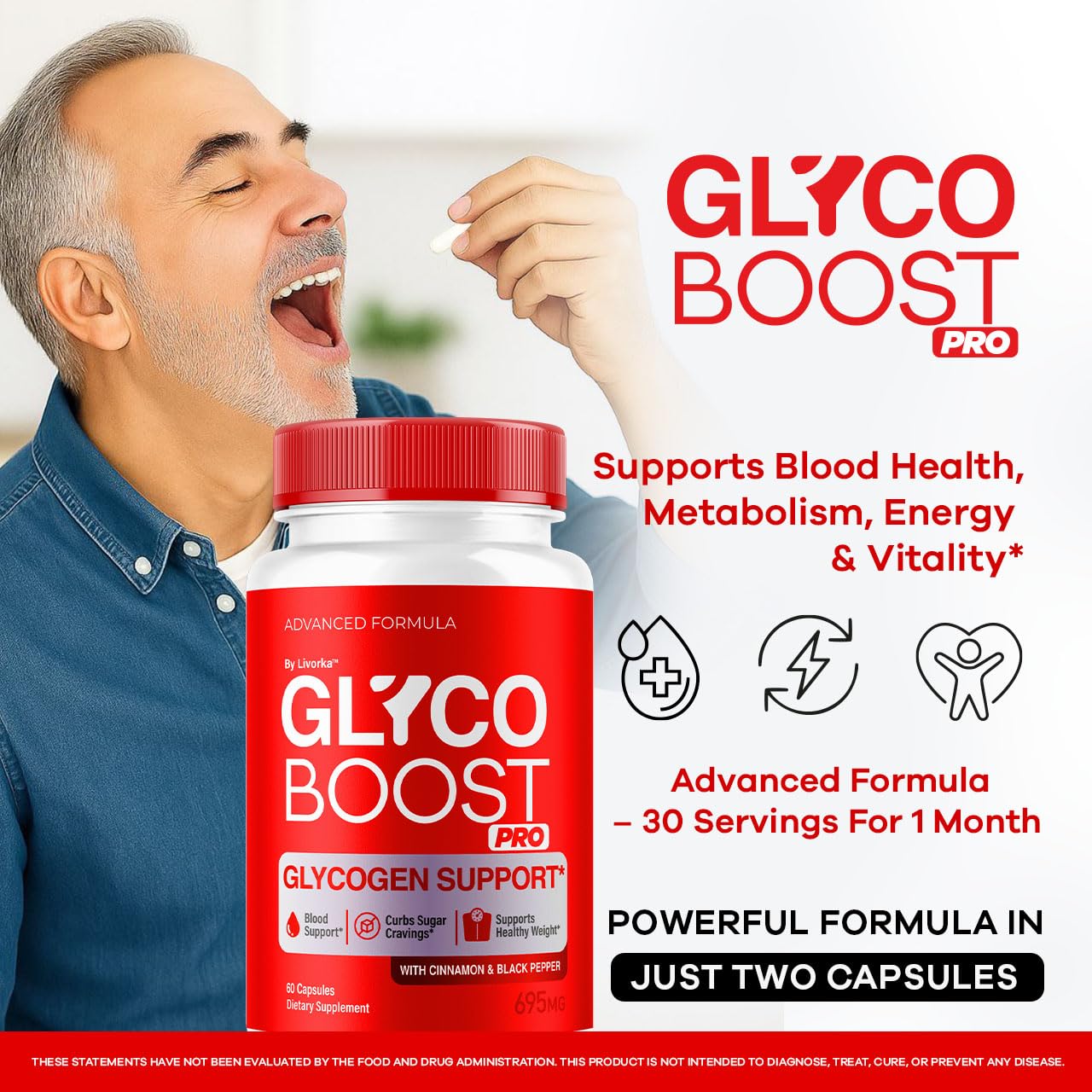 LIVORKA Glyco Boost Pro capsules close-up highlighting easy intake.