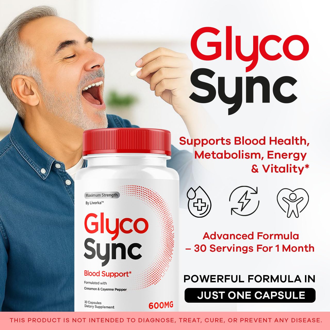 LIVORKA Glyco Sync capsules close-up highlighting easy daily intake