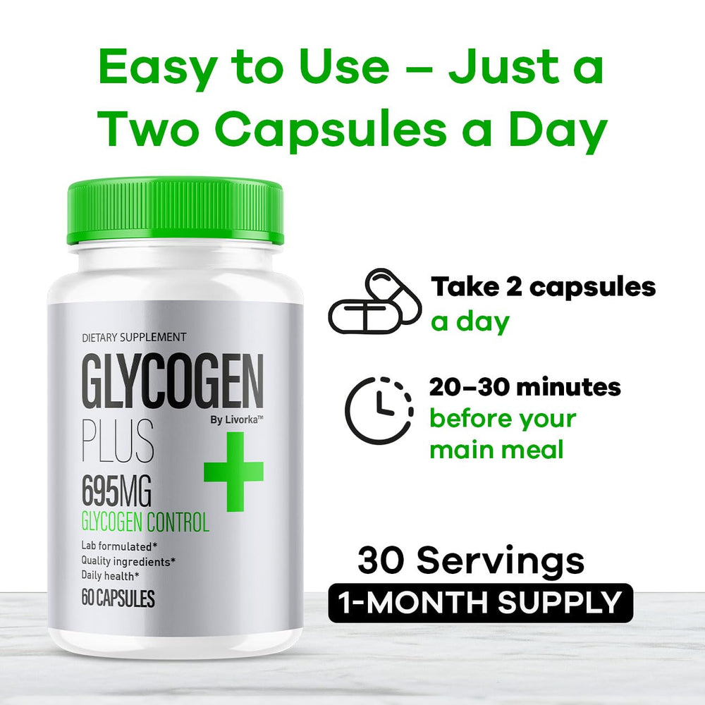 Close-up of Glycogen Plus capsules shows smooth, easy-to-swallow pills