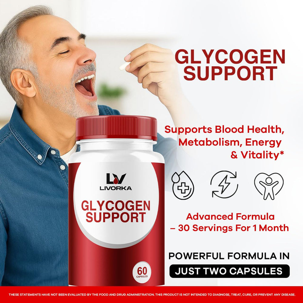 LIVORKA Glycogen Support bottle close-up shows capsule texture and design