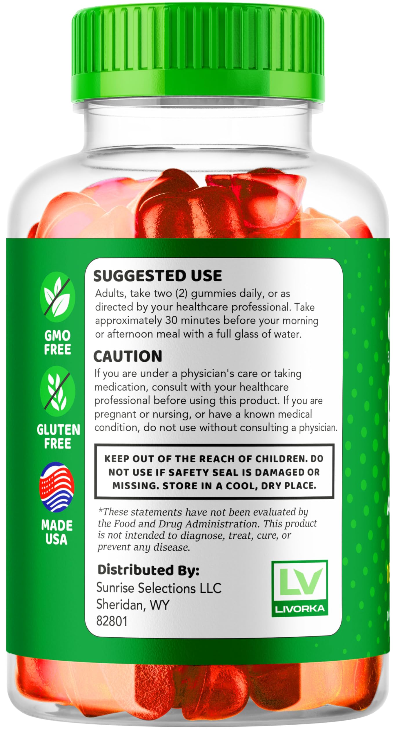 LIVORKA GreenVow Gummies on table highlighting convenient chewable format.