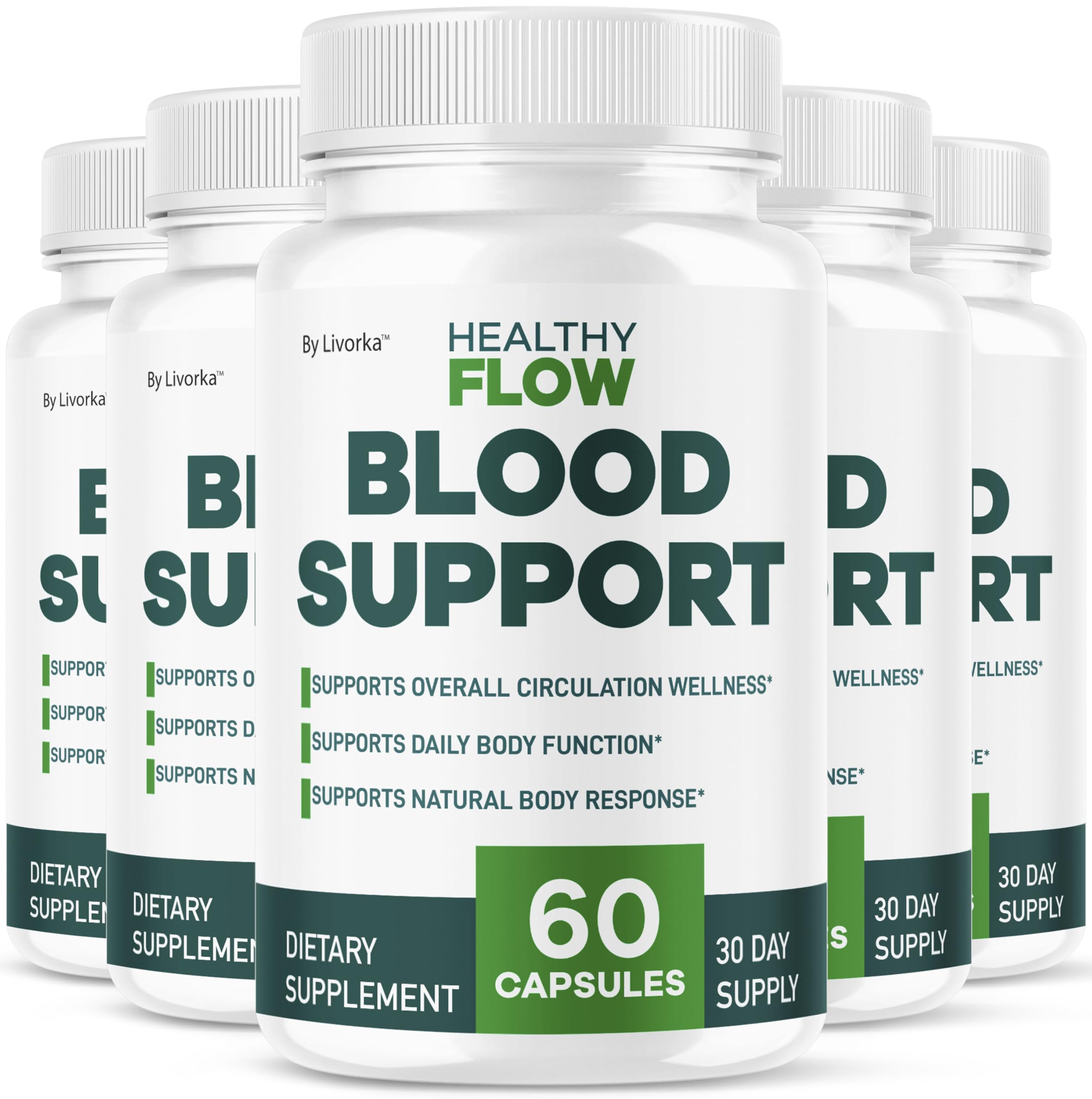 LIVORKA Healthy Flow bottle pouring capsules for daily wellness.
