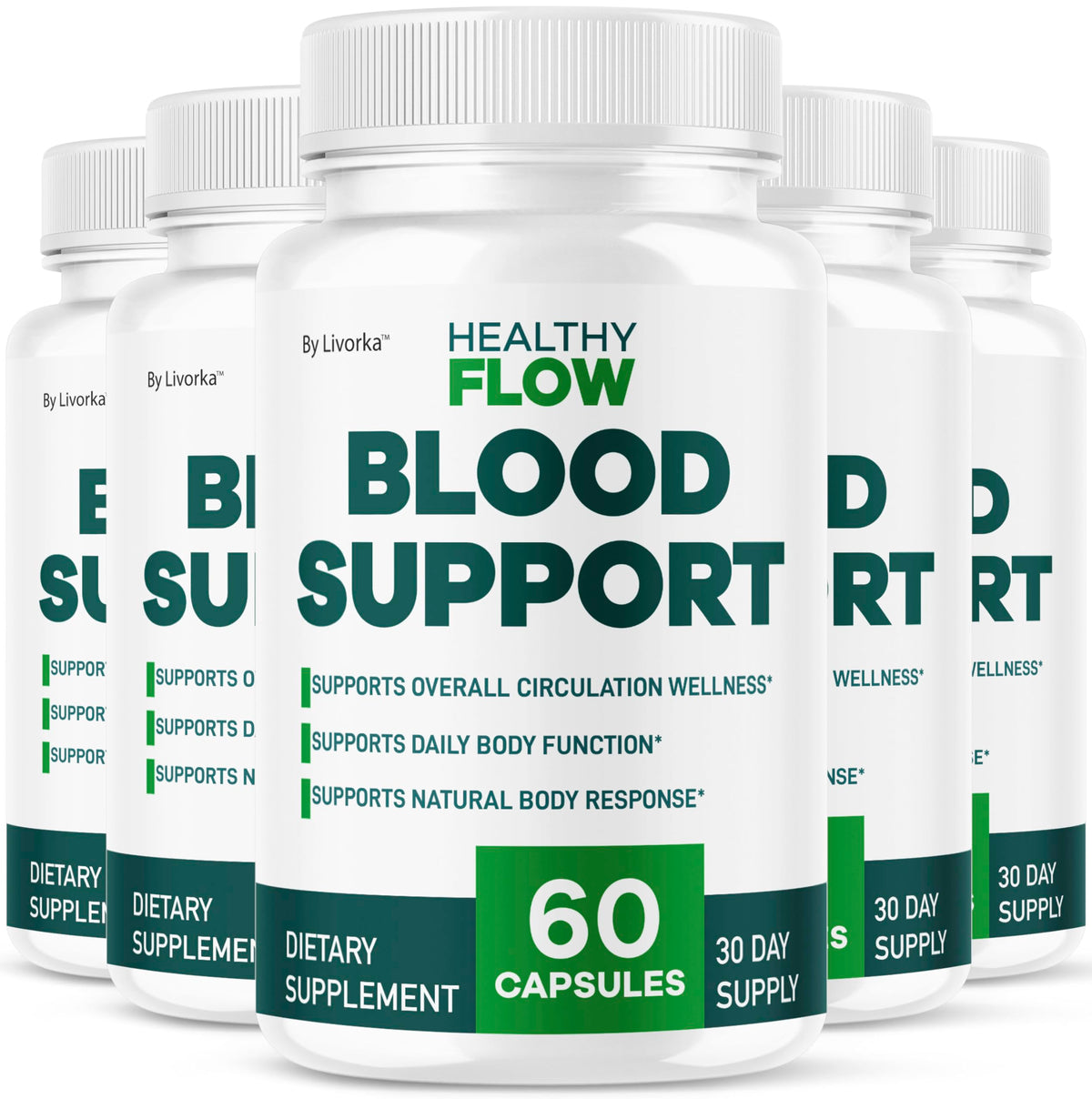 LIVORKA Healthy Flow bottle pouring capsules for daily wellness.