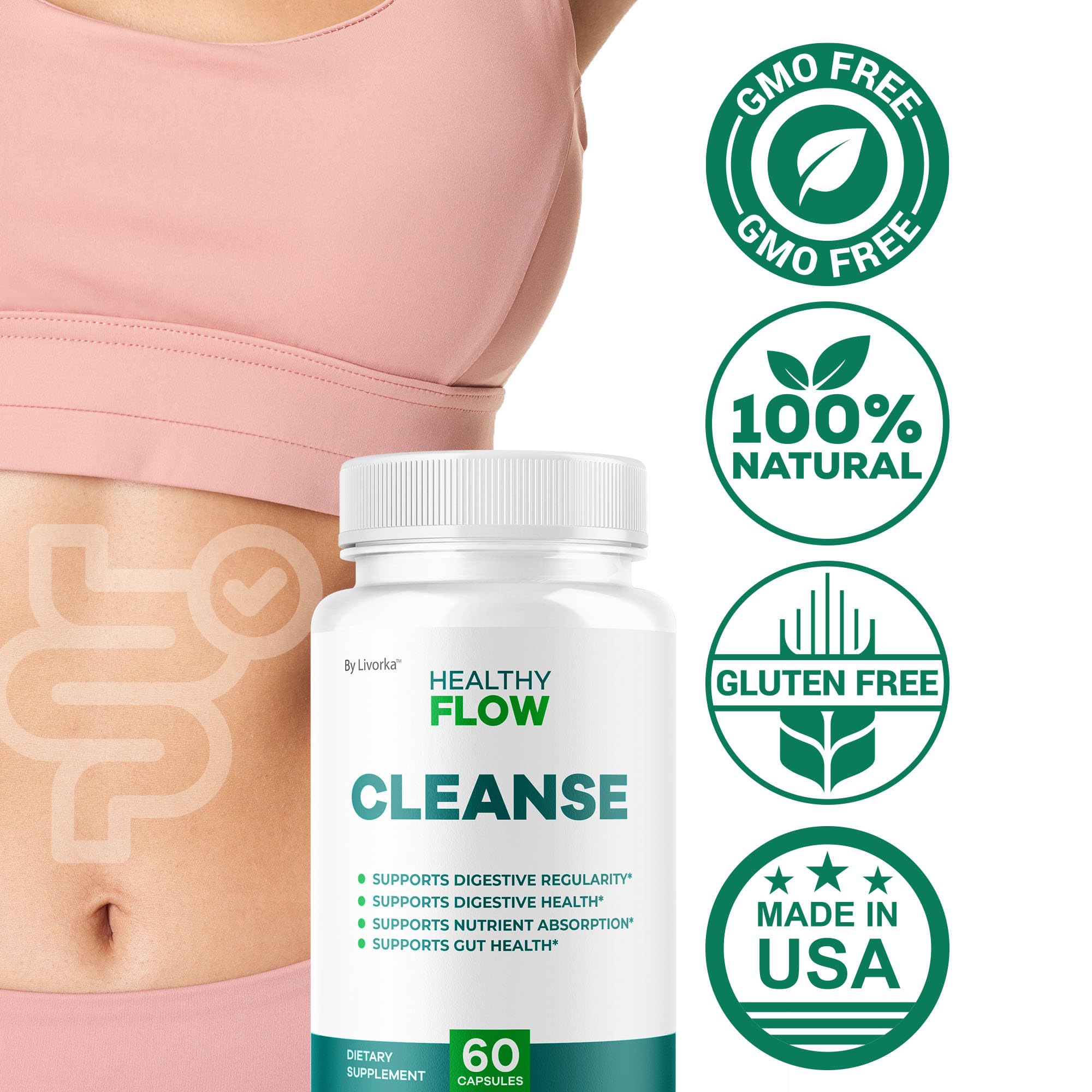 LIVORKA Healthy Flow Cleanse capsules in a morning routine setup.