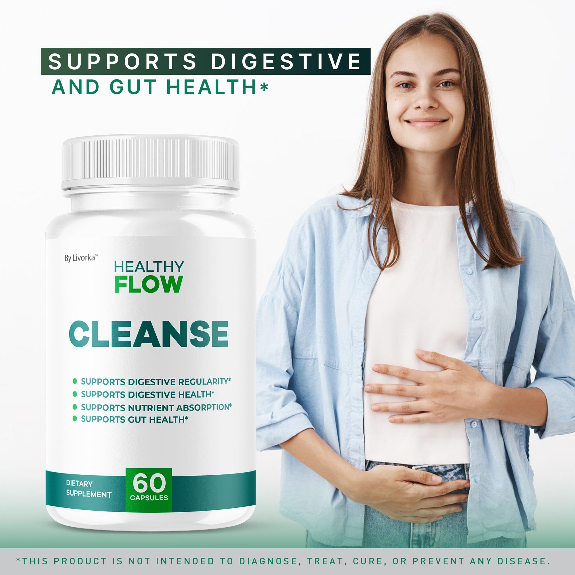 LIVORKA Healthy Flow Cleanse packaging shows a natural digestive formula.