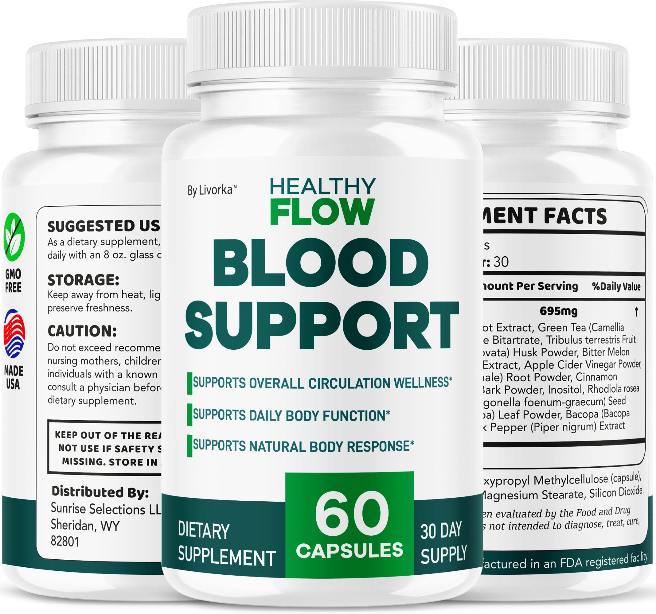 LIVORKA Healthy Flow nutrition facts panel and capsule count