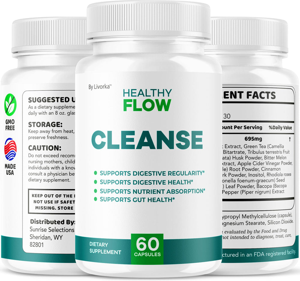 LIVORKA HealthyFlow Cleanse bottle resting beside a glass of water.