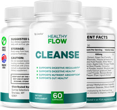 LIVORKA HealthyFlow Cleanse bottle resting beside a glass of water.
