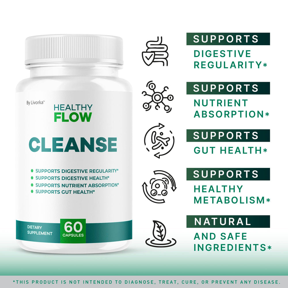 LIVORKA HealthyFlow Cleanse capsules close-up highlighting easy daily dosage.