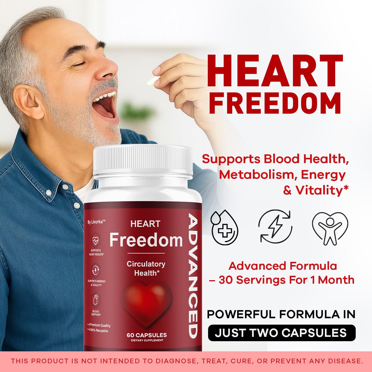 LIVORKA Heart Freedom bottle back reveals supplement facts and all-natural ingredients.