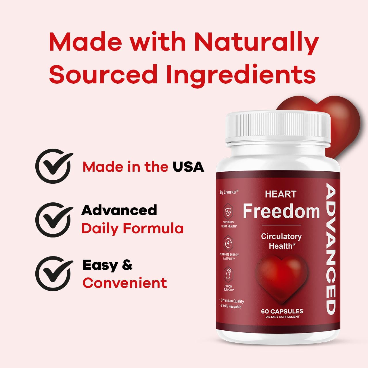 LIVORKA Heart Freedom dosage caps illustrate simple daily intake for convenience.