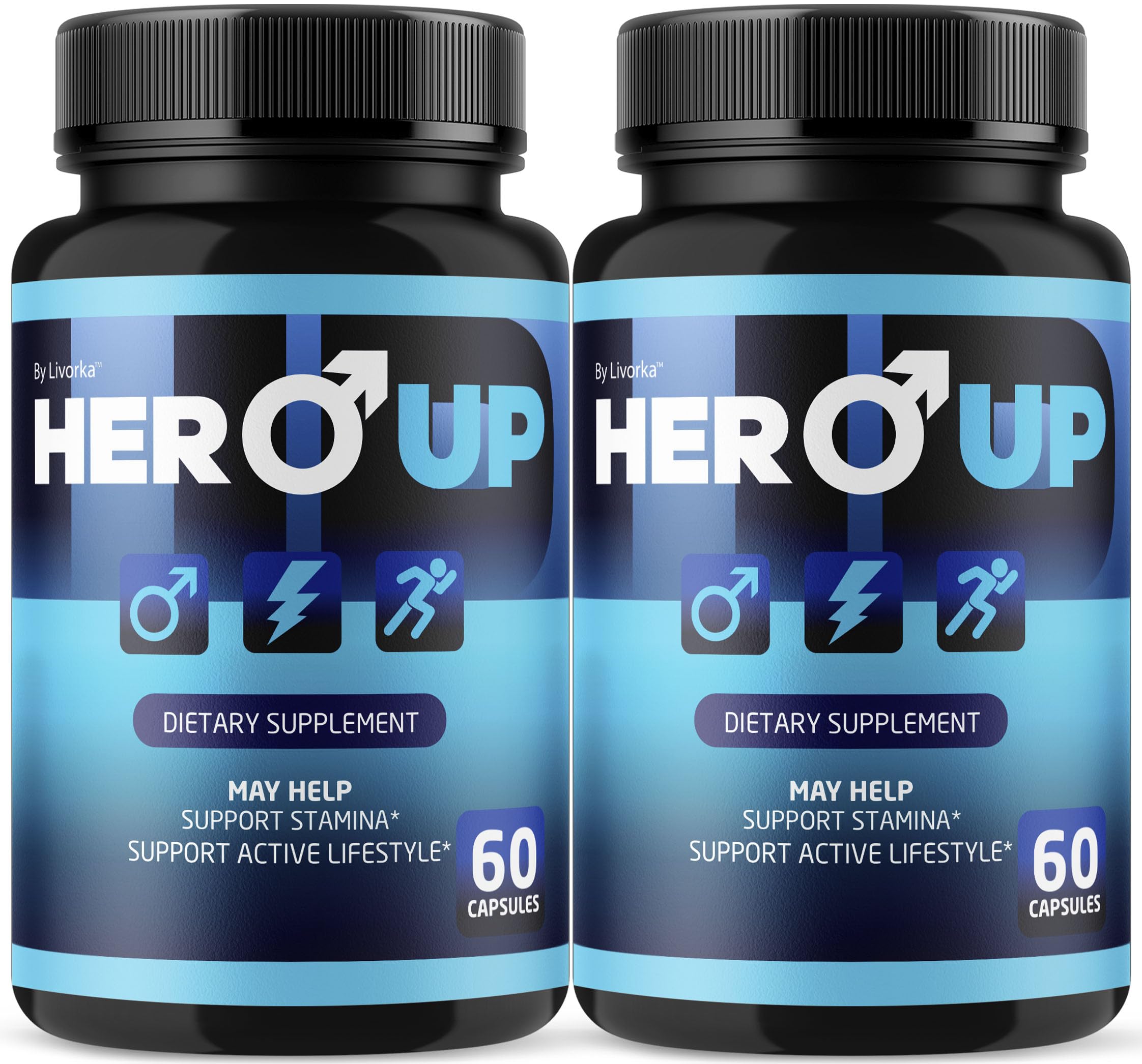 LIVORKA Hero Up bottle front showing convenient daily energy support for active men.