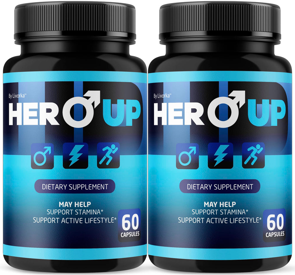 LIVORKA Hero Up bottle front showing convenient daily energy support for active men.