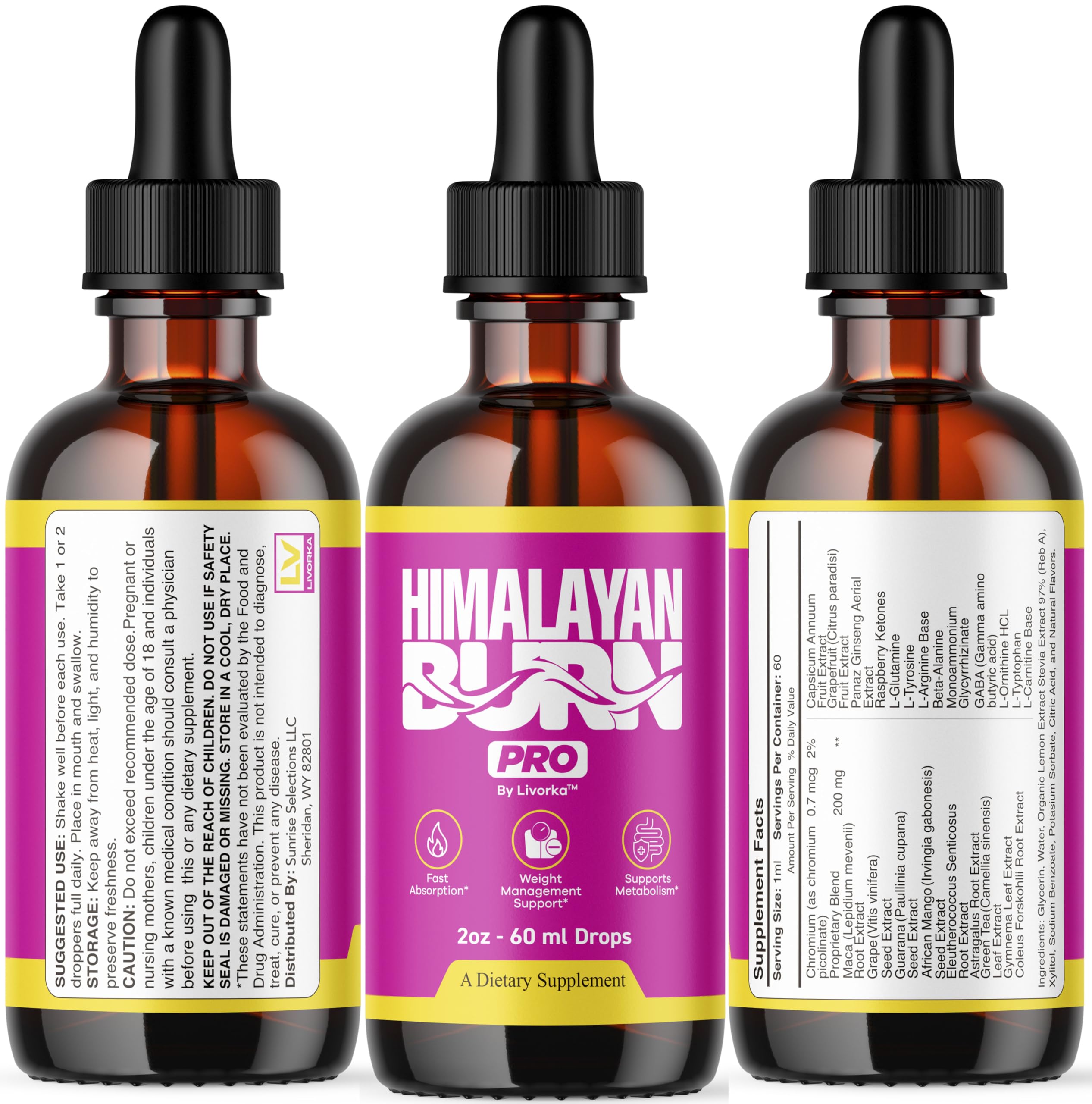 LIVORKA Himalayan Burn Pro Drops 3-month supply bottle lineup.
