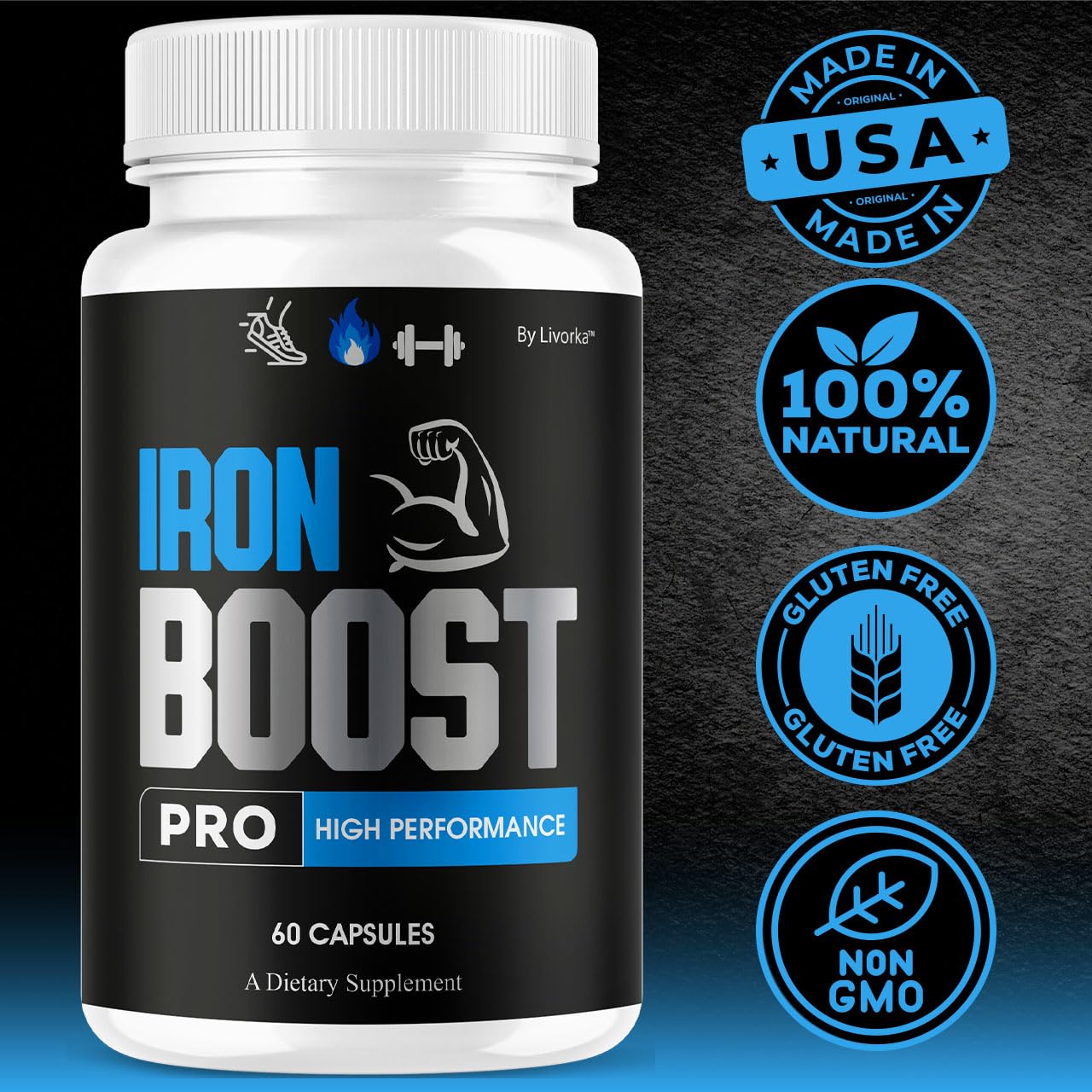 Livorka Iron Boost Pro label detail indicating USA-made GMP quality
