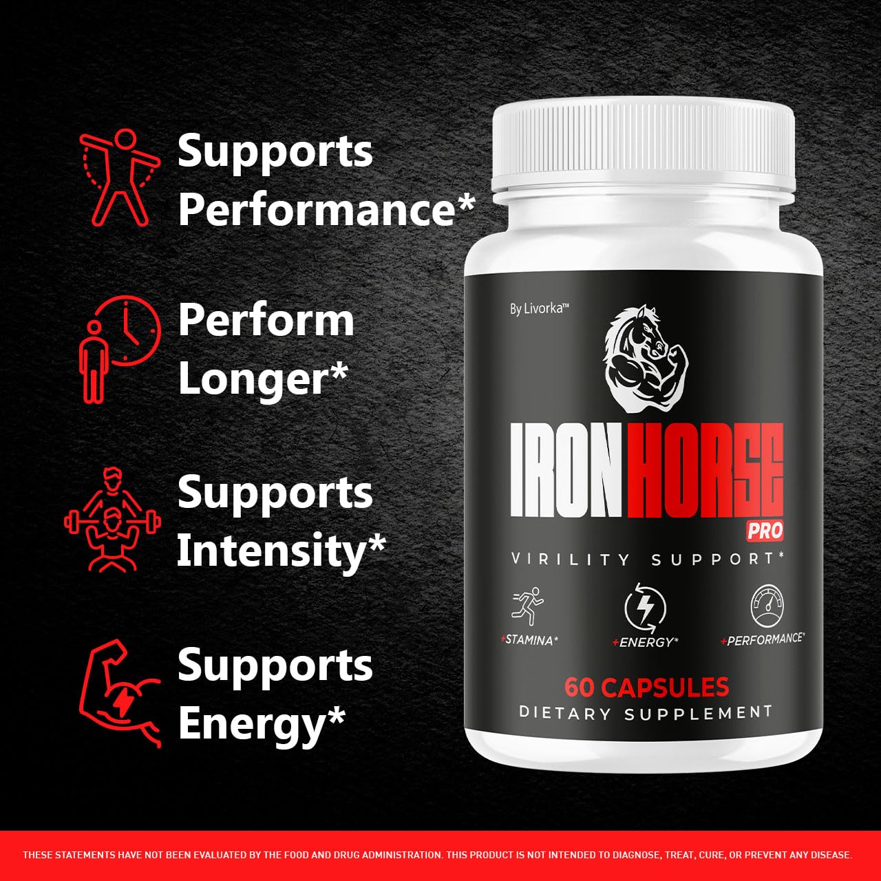 Close-up of LIVORKA Iron Horse Pro capsules showing easy-to-swallow form for daily use.