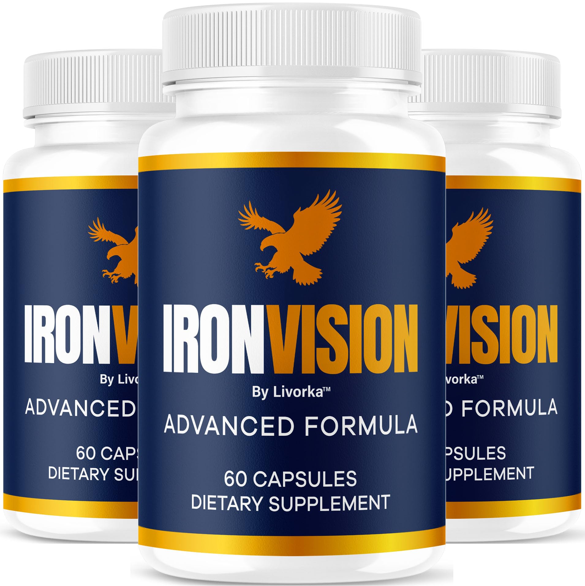 LIVORKA Iron Vision bottle with capsules for daily eye wellness support.
