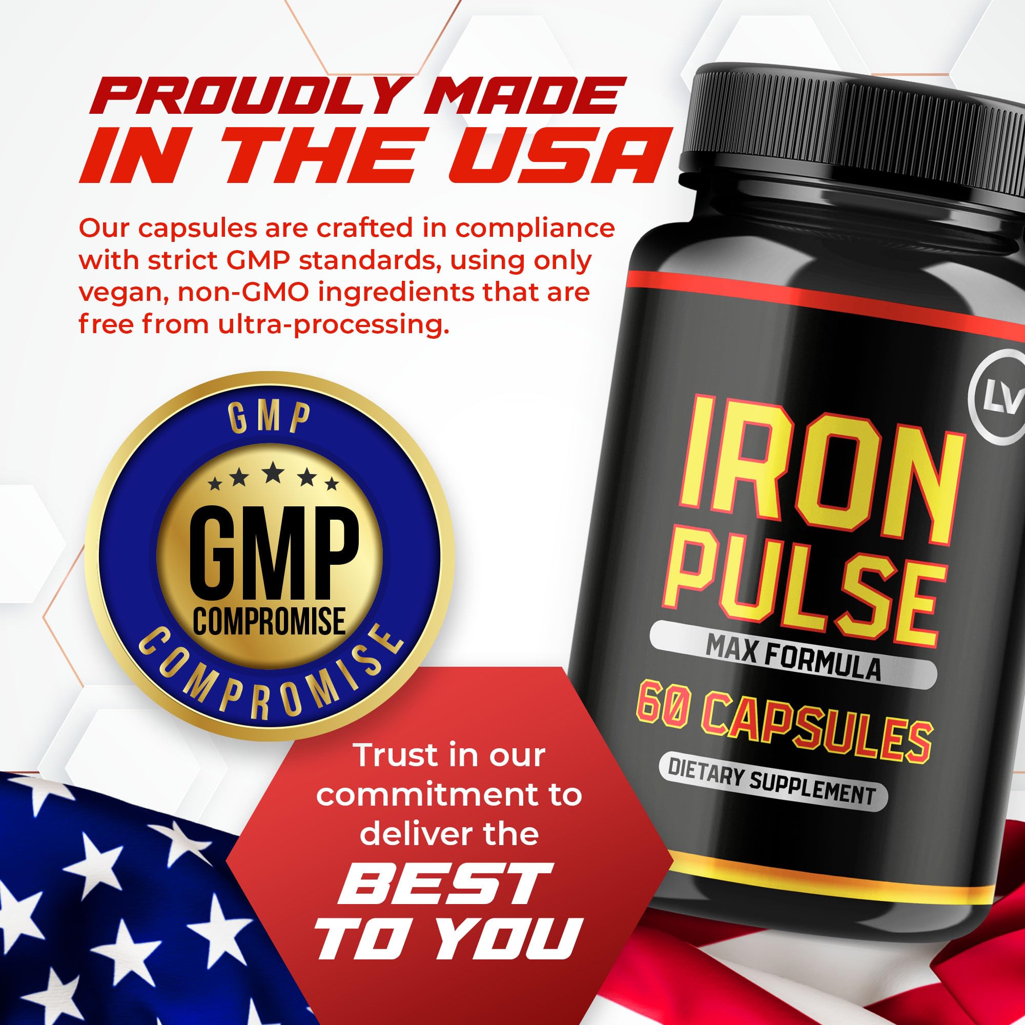 LIVORKA IronPulse pills closeup illustrating easy-to-swallow capsules