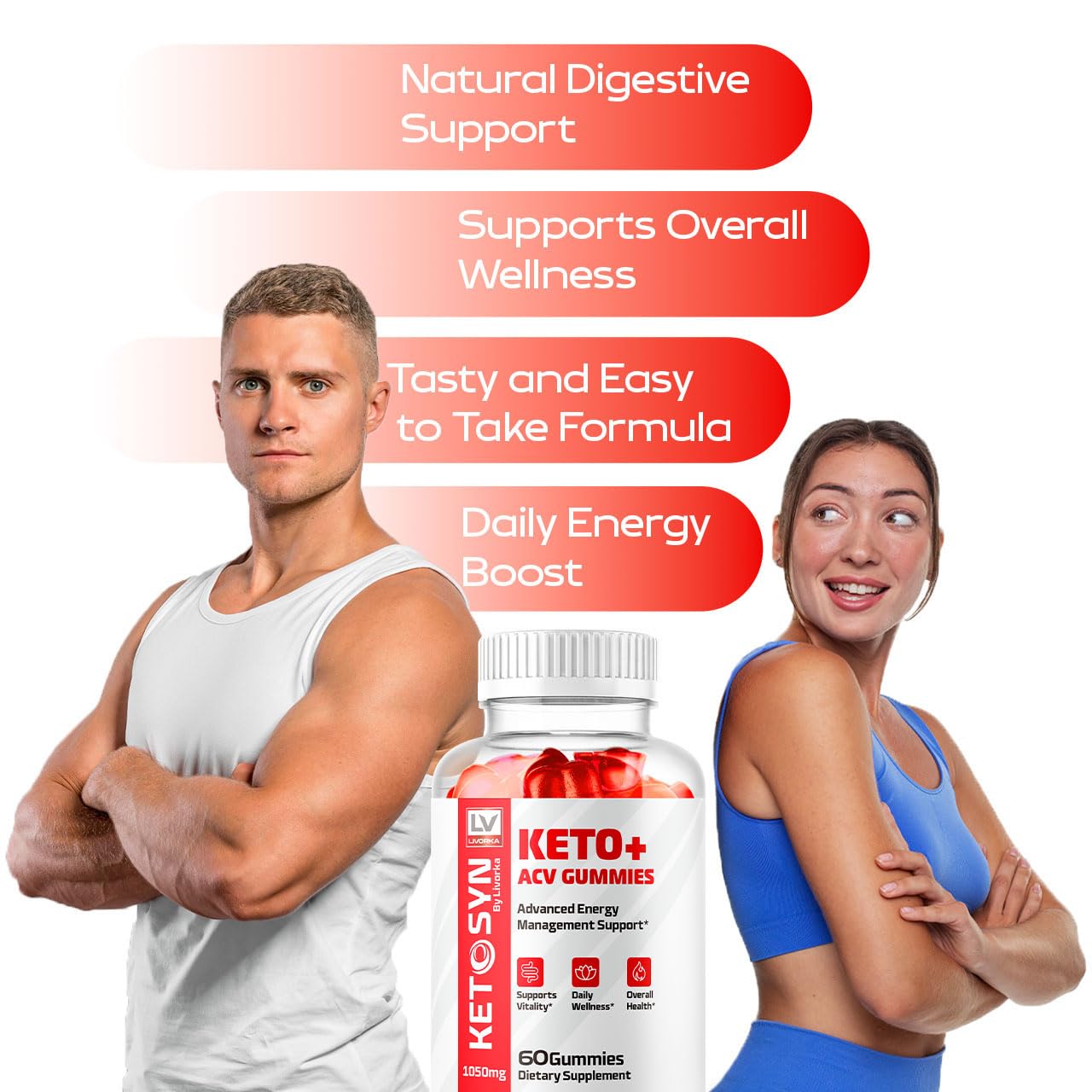 LIVORKA Ketosyn ACV Gummies bottle back label highlights ingredients.