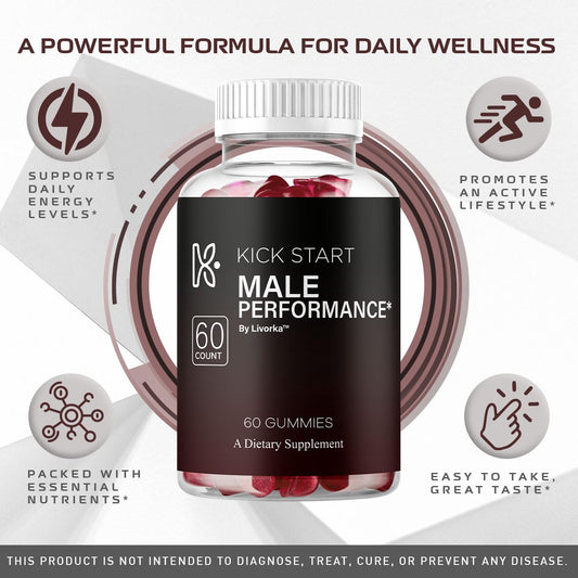 LIVORKA Kickstart Gummies bottle closeup emphasizes natural ingredients for daily vitality.