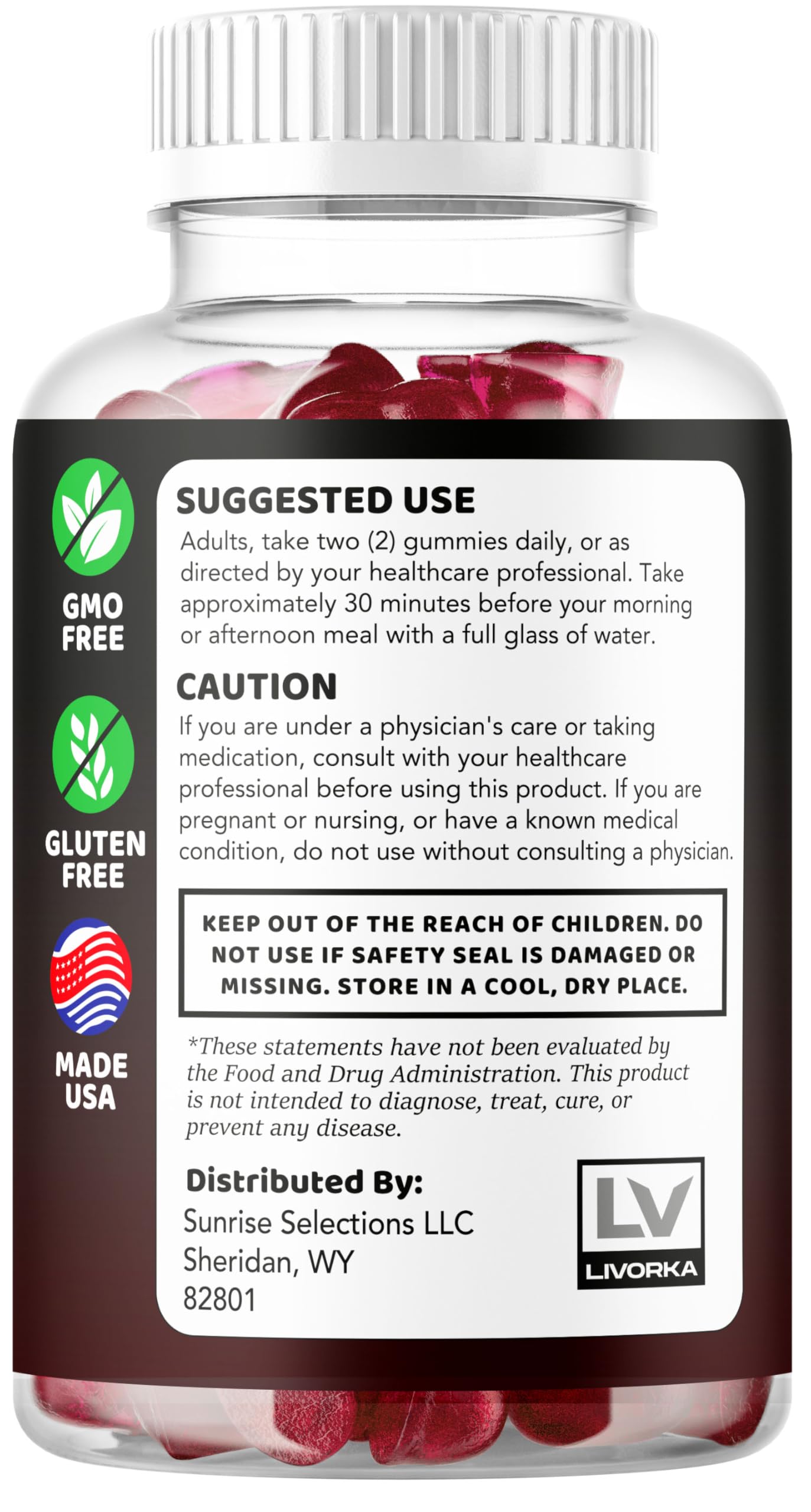 LIVORKA Kickstart Gummies packaging back explains serving size and duration.