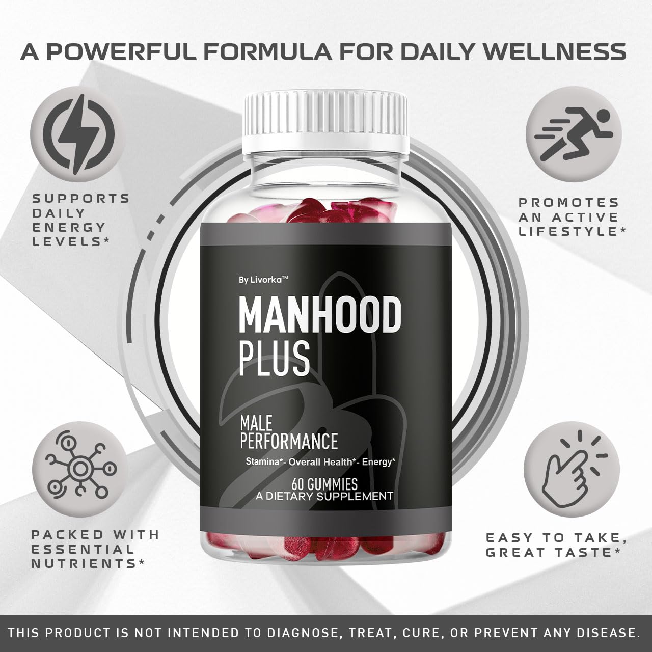 LIVORKA Manhood Plus gummies closeup highlighting flavorful texture for convenient daily use.