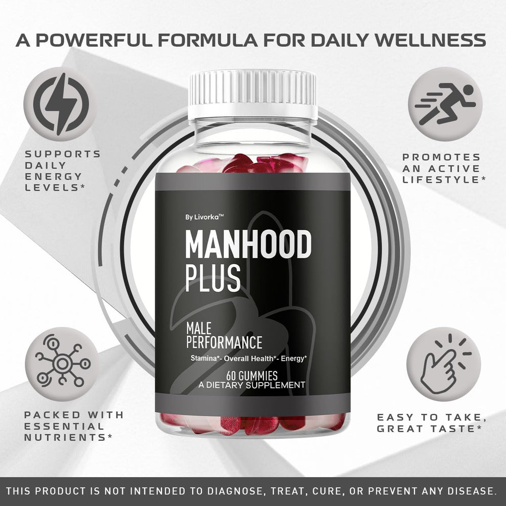 LIVORKA Manhood Plus gummies closeup highlighting flavorful texture for convenient daily use.