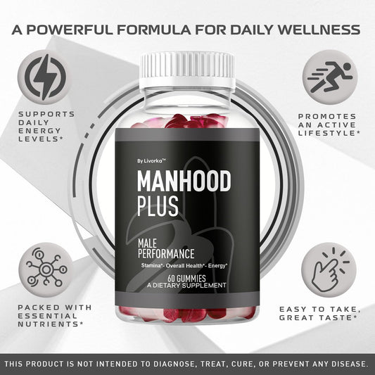 LIVORKA Manhood Plus gummies closeup highlighting flavorful texture for convenient daily use.