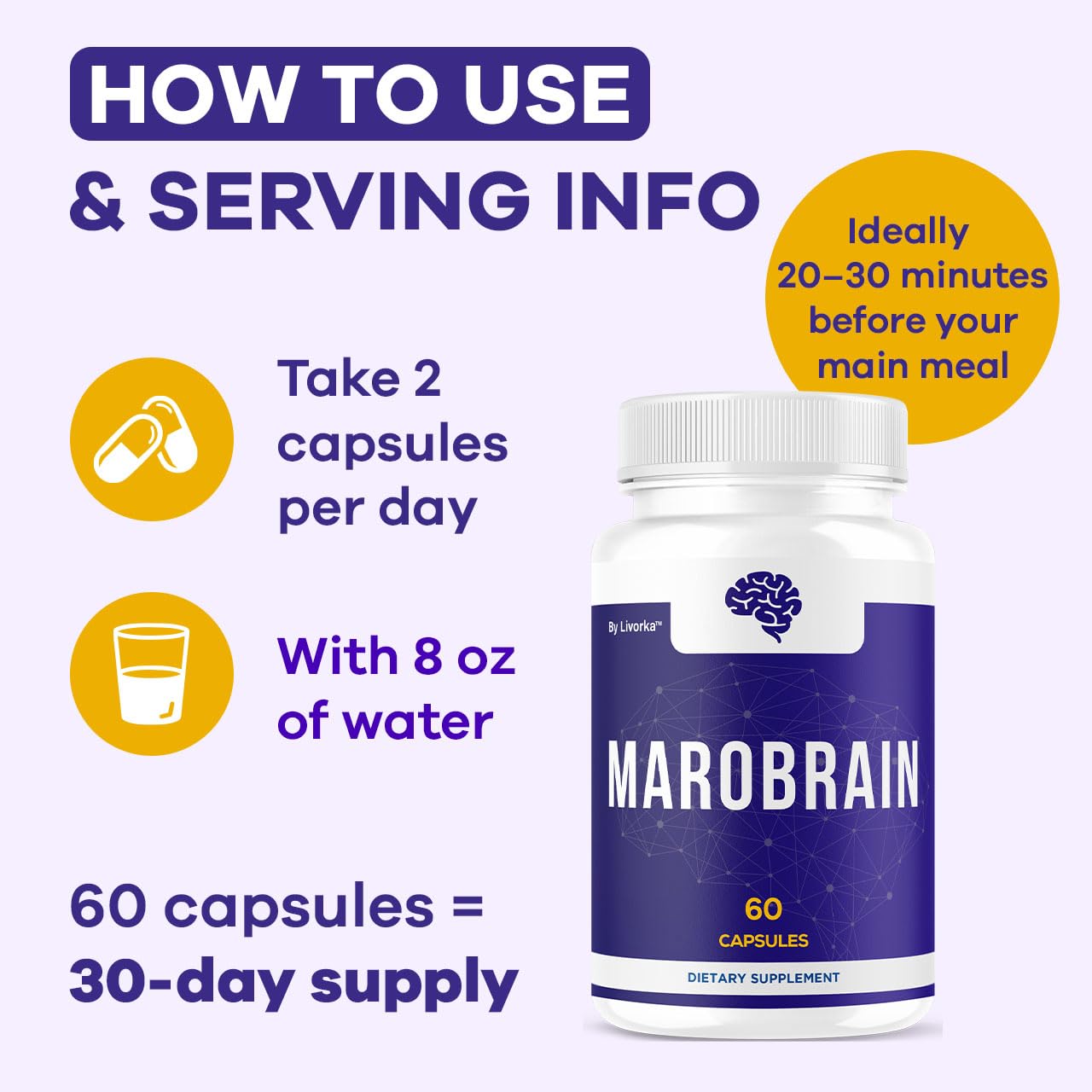 LIVORKA Marobrain capsules close-up highlighting premium formula.