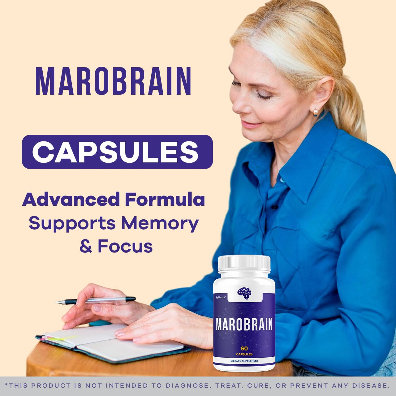 Close-up of LIVORKA Marobrain capsules for daily focus on a desk.