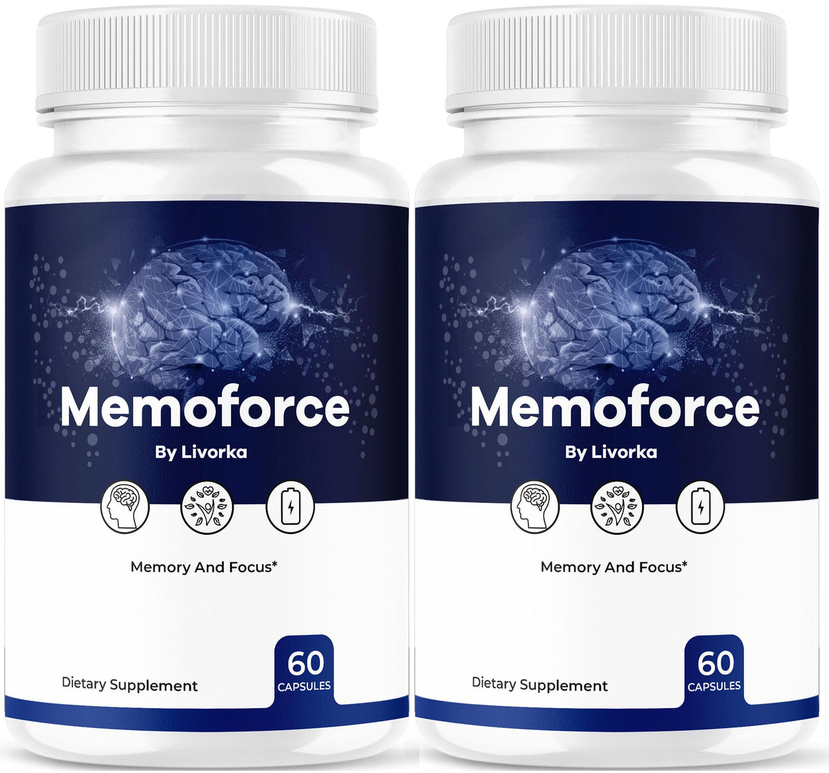 LIVORKA Memoforce bottle front showing premium brain supplement packaging for daily focus support