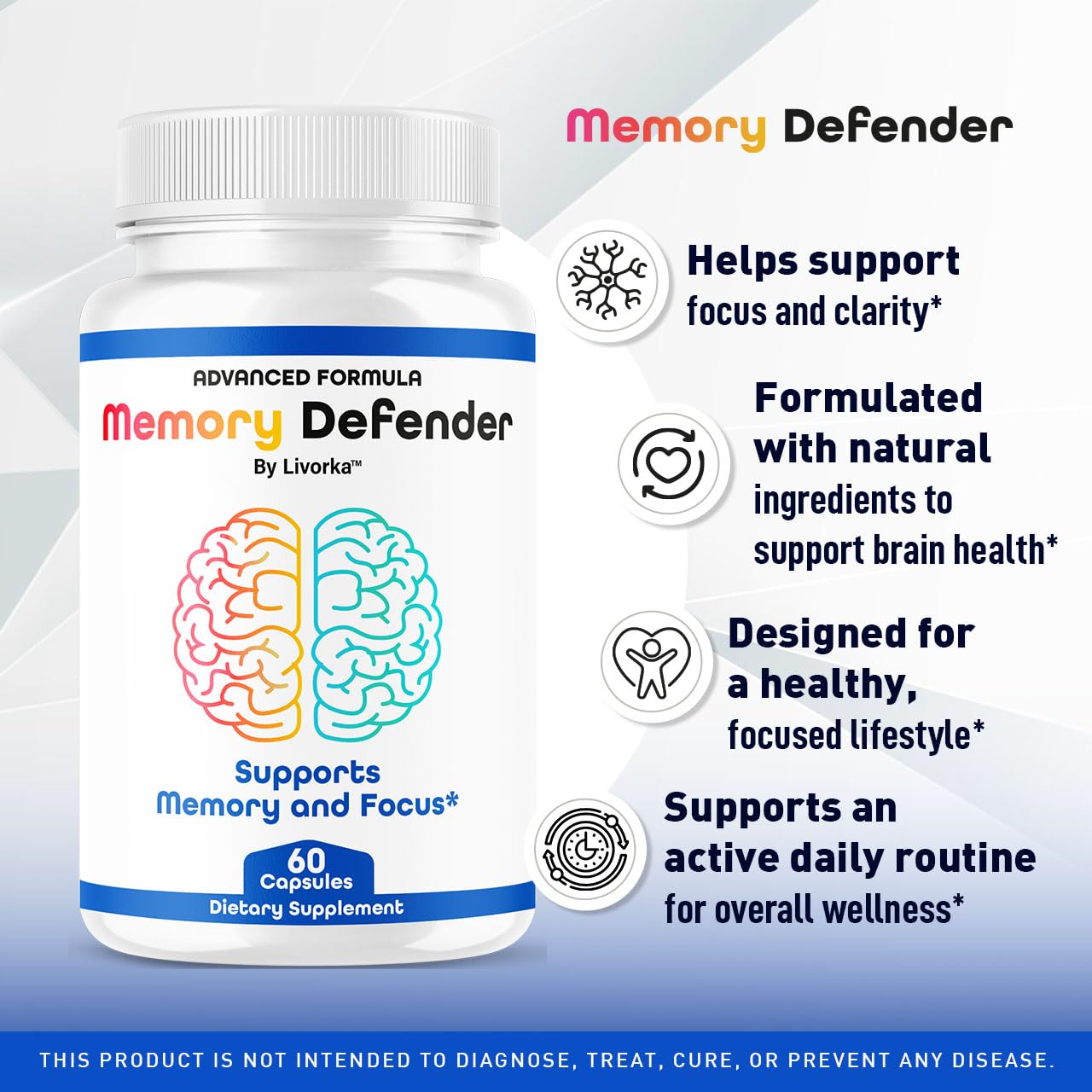 LIVORKA Memory Defender capsules close-up highlights easy-to-swallow daily supplement.