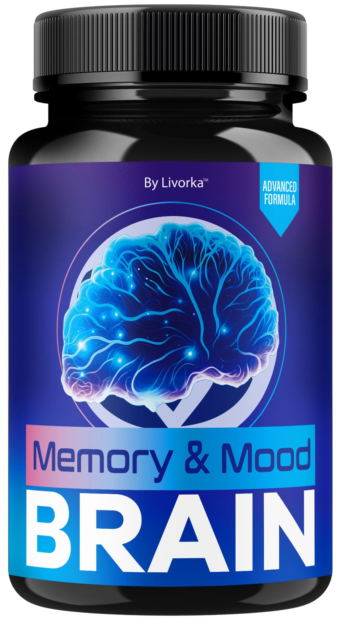 LIVORKA Memory Mood Brain bottle on a desk for daily cognitive support.