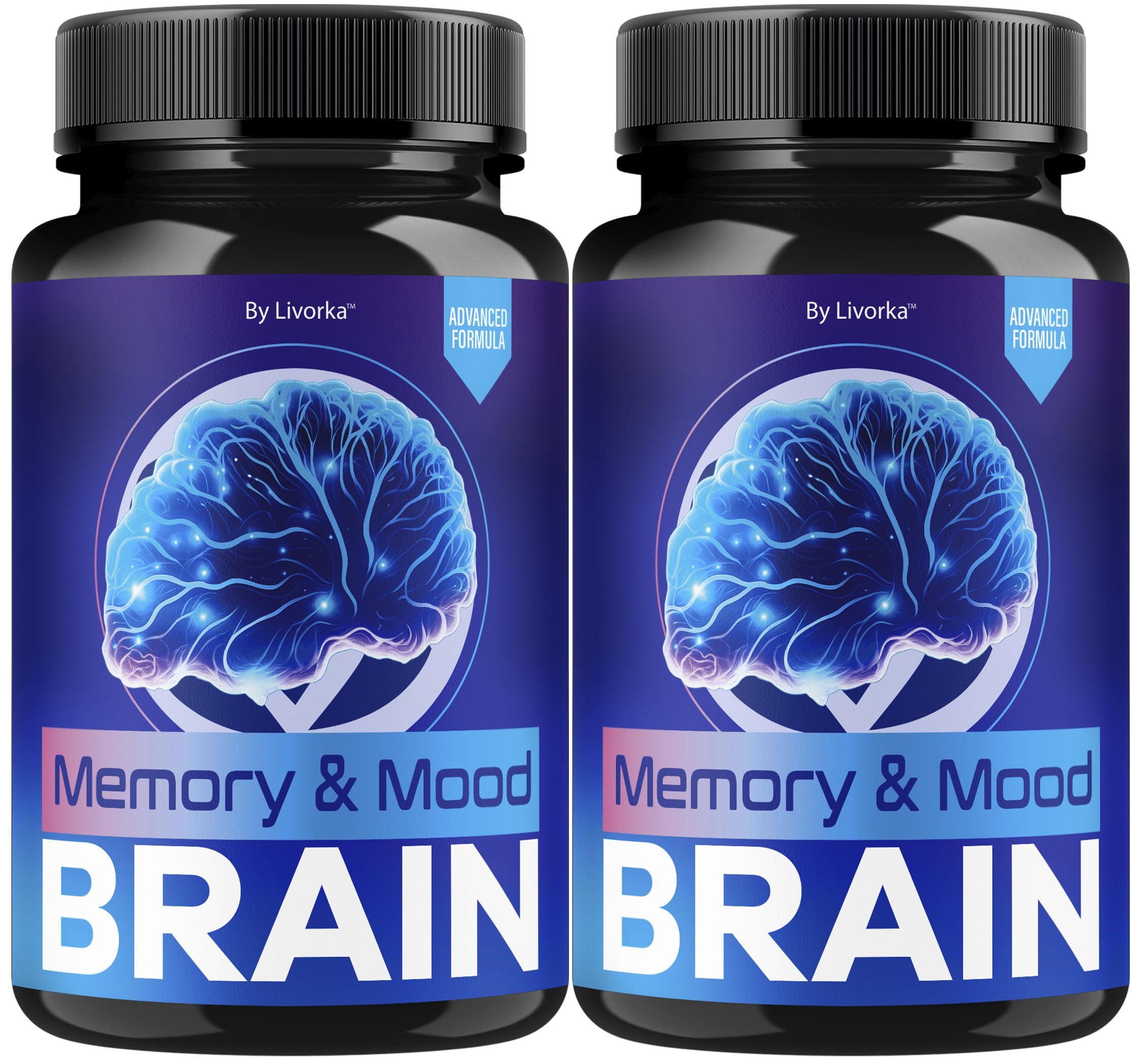 LIVORKA Memory Mood Brain capsules bottle view for daily cognitive support and mood balance.