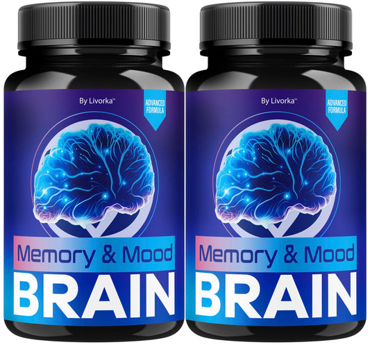 LIVORKA Memory Mood Brain capsules bottle view for daily cognitive support and mood balance.