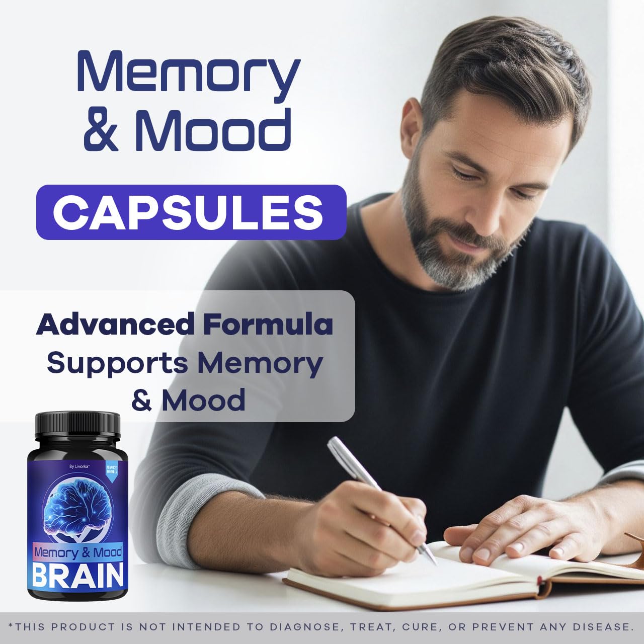 LIVORKA Memory Mood Brain capsules closeup highlighting easy-to-swallow daily capsules.