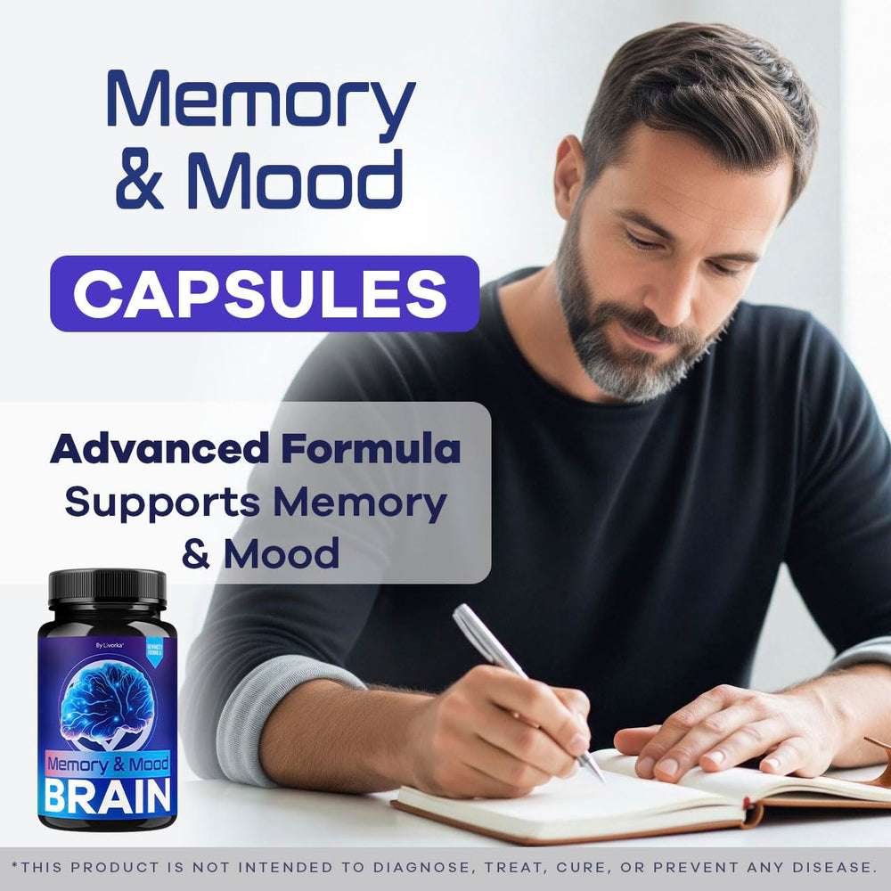 LIVORKA Memory Mood Brain capsules closeup highlighting easy-to-swallow daily capsules.