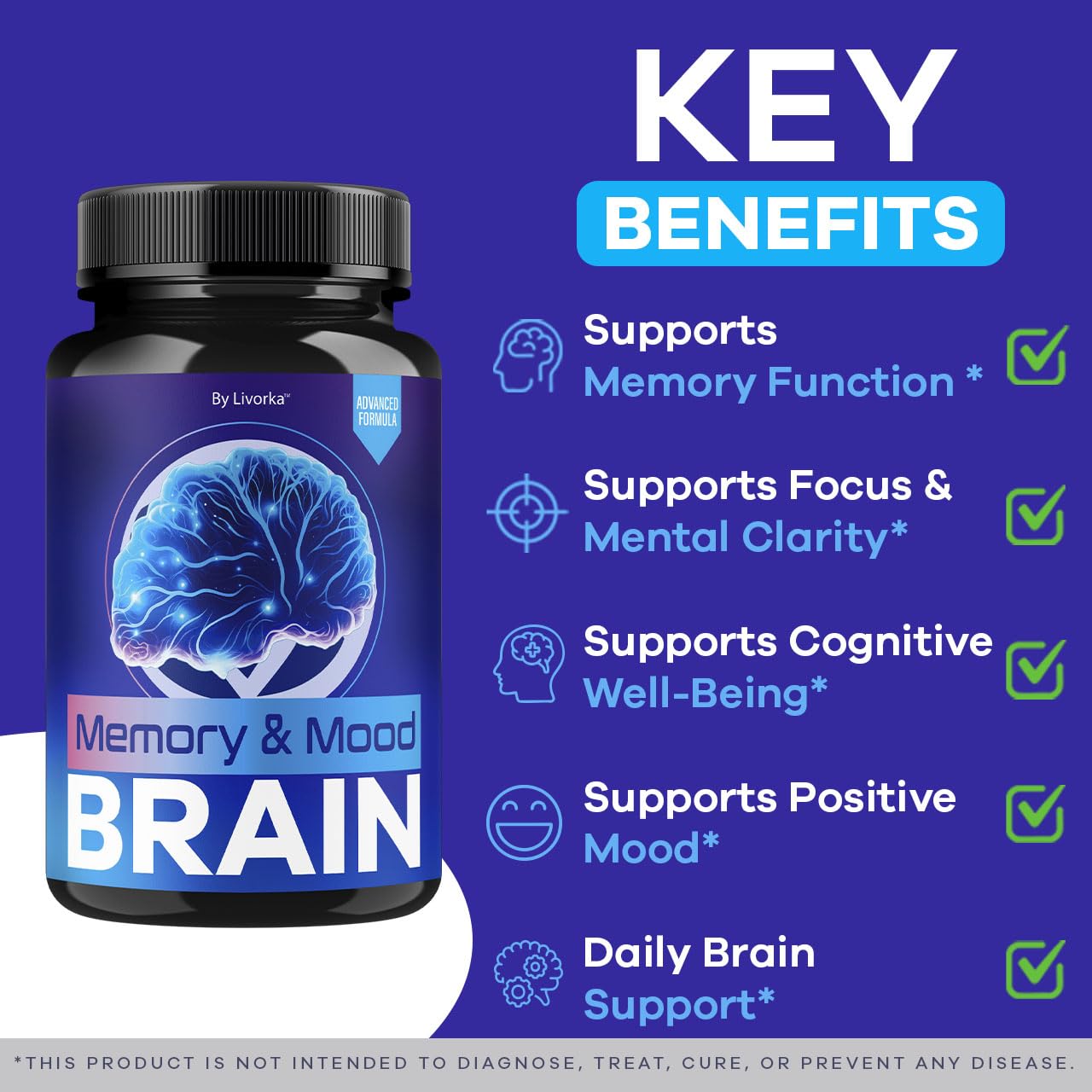 LIVORKA Memory Mood Brain label detail showing a simple daily supplement ritual.