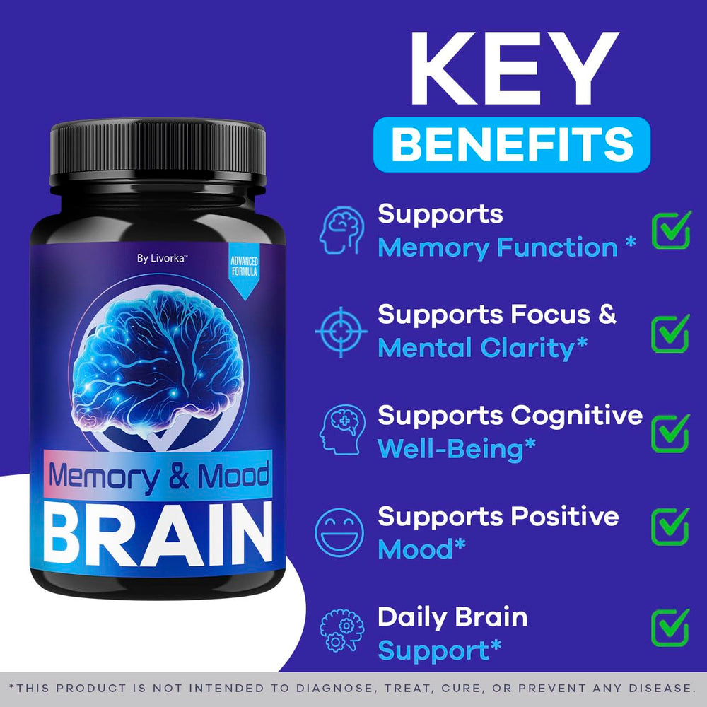 LIVORKA Memory Mood Brain label detail showing a simple daily supplement ritual.