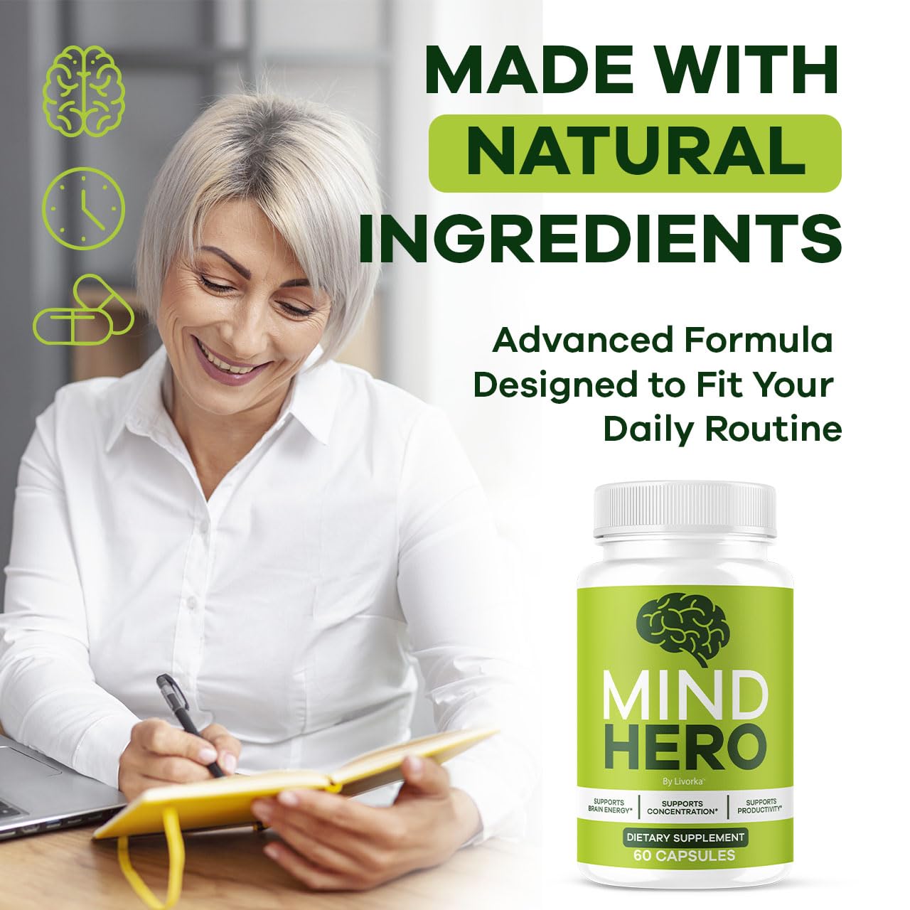 Capsules in hand, LIVORKA Mind Hero ready for daily routine