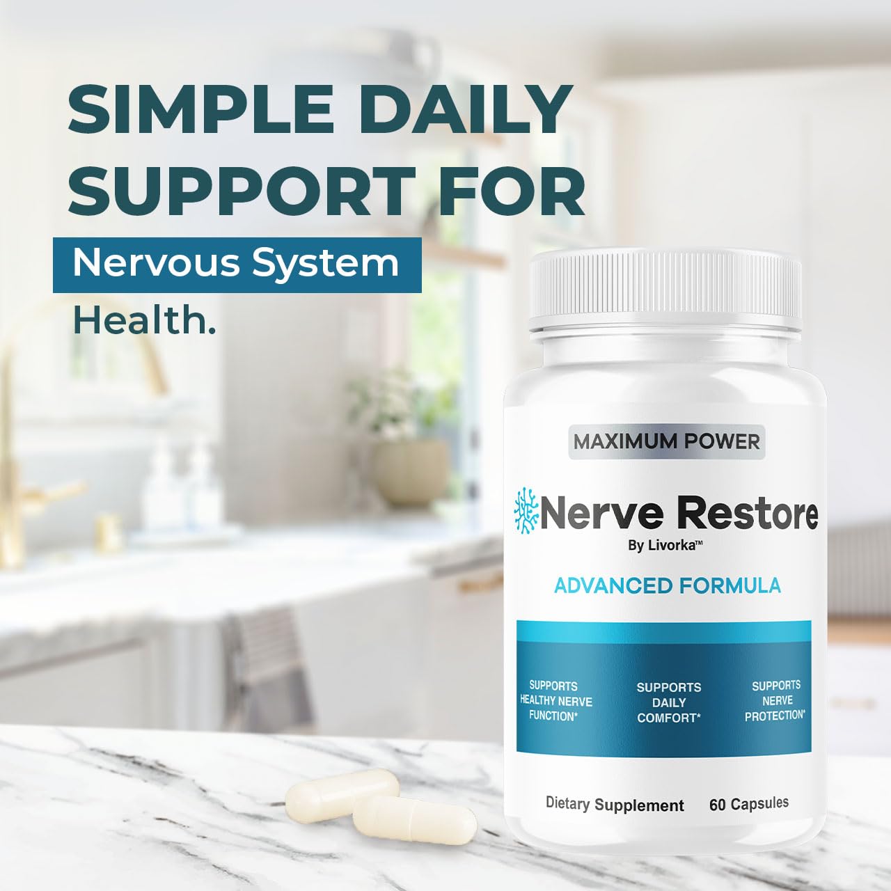 LIVORKA Nerve Restore capsules on tray for consistent daily use