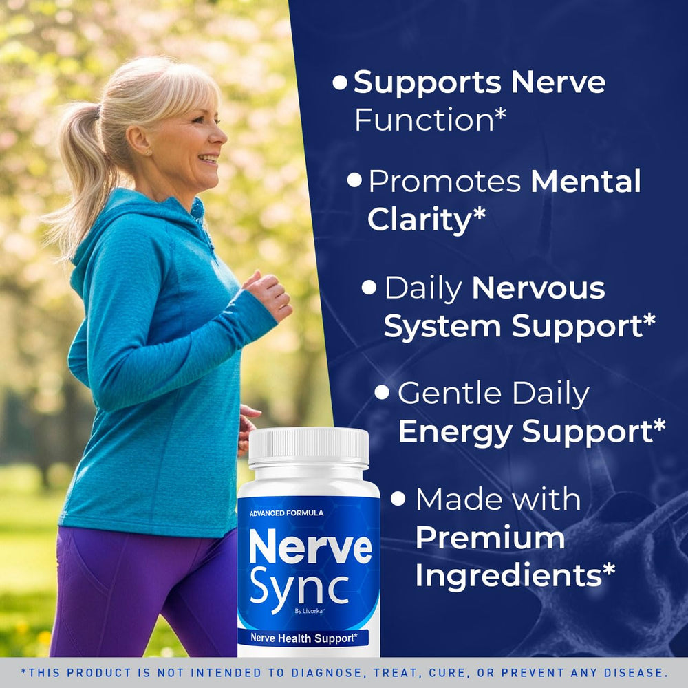 LIVORKA Nerve Sync capsules closeup highlights easy-to-swallow daily wellness capsules.