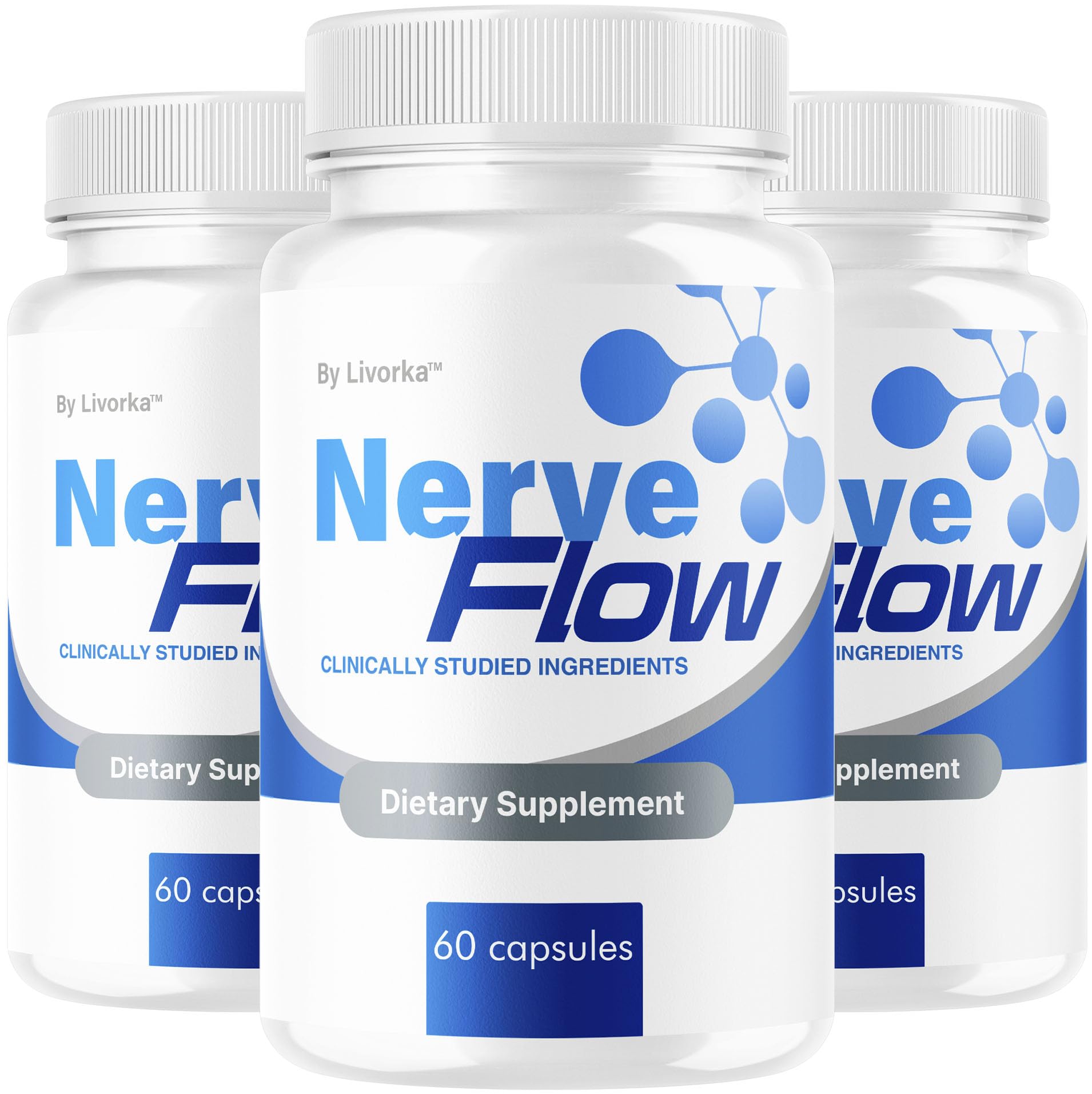 LIVORKA NerveFlow advanced nerve support capsules on a label, promoting daily wellness potential.