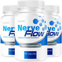 LIVORKA NerveFlow advanced nerve support capsules on a label, promoting daily wellness potential.