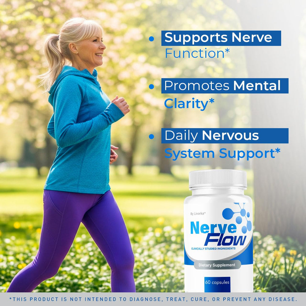 LIVORKA NerveFlow bottle front view with 180 capsules for a 3-month supply.