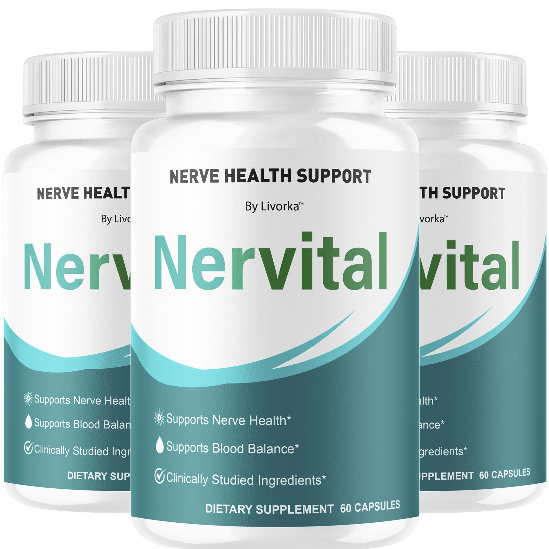 Livorka Nervital capsules front label, premium formula for daily nerve support.